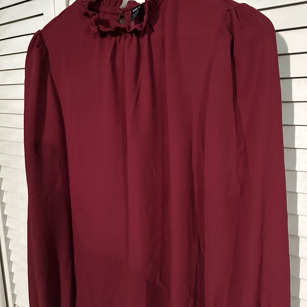 SHEIN Deep Red Ruffle Collar Blouse